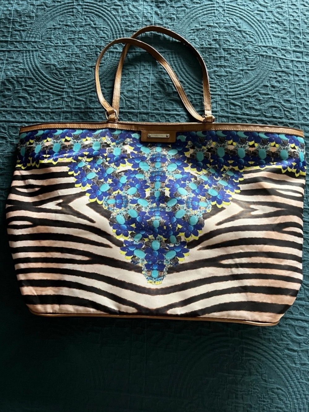 Stella & Dot Zebra Print Tote Bag Blue Yellow Floral Vegan Leather Straps